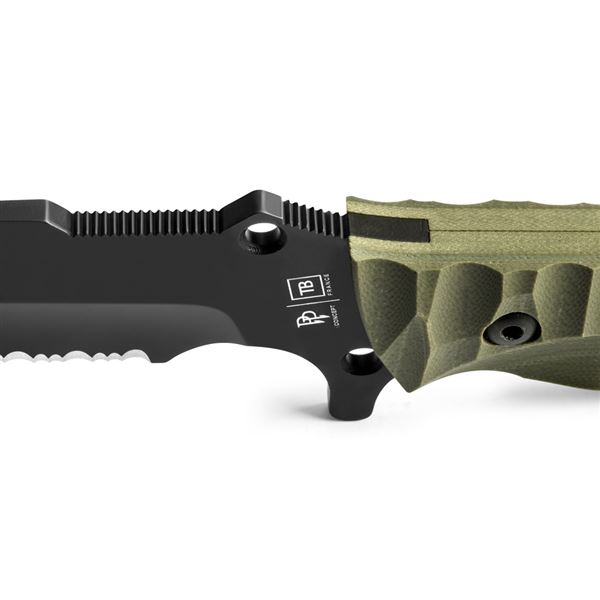 Survival nůž TB Outdoor Maraudeur G10, kombinované ostří, Kydex - Army green